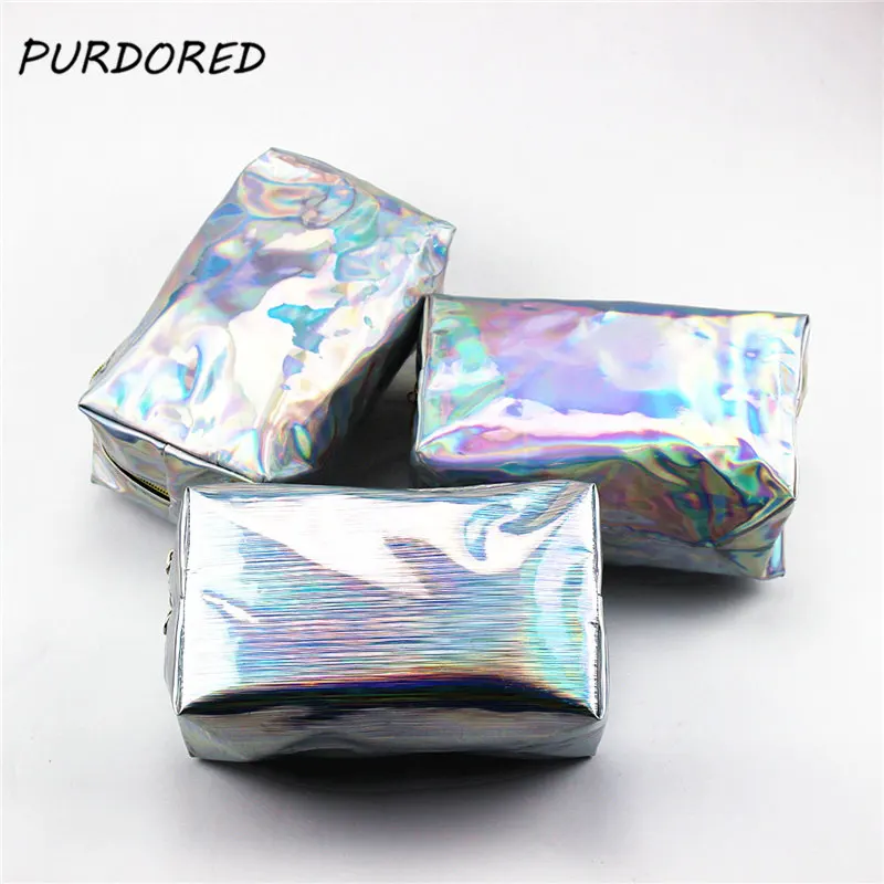

PURDORED 1 pc Sliver Makeup Bag Travel Beauty Cosmetic Bag Laser Makeup Case Organizer Zipper Toiletry Bag Dropshipping