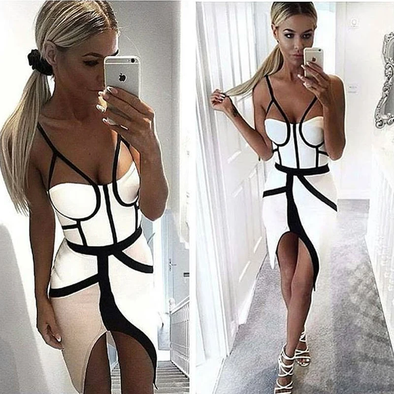 

KLEEZY pencil sleeveless patchwork sexy Slit backless celebrity hollow out Club dress Party elegant Dresses H1673