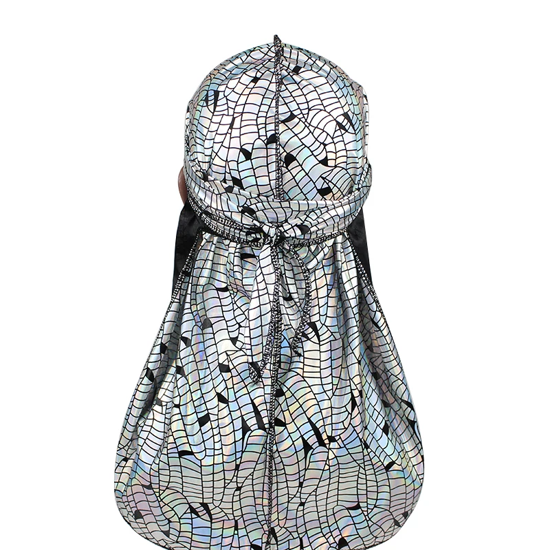 

Unisex Men Laser Reflective Silk Durag Snake Style Soft Bandana Hat Turban Headwear Long Straps Head Wrap Do Du Rag Waves