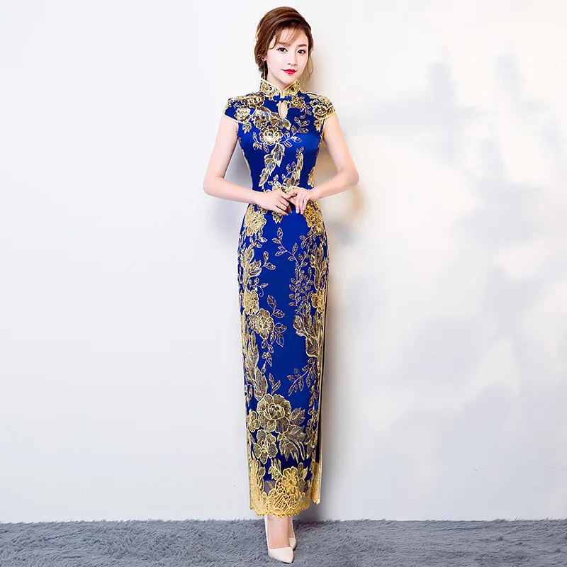 

Vintage Chinese Style Cheongsam Wedding Dress Blue Womens Lace Long Gown Qipao Party Evening Dress Retro Clothes Vestido S-XXXL