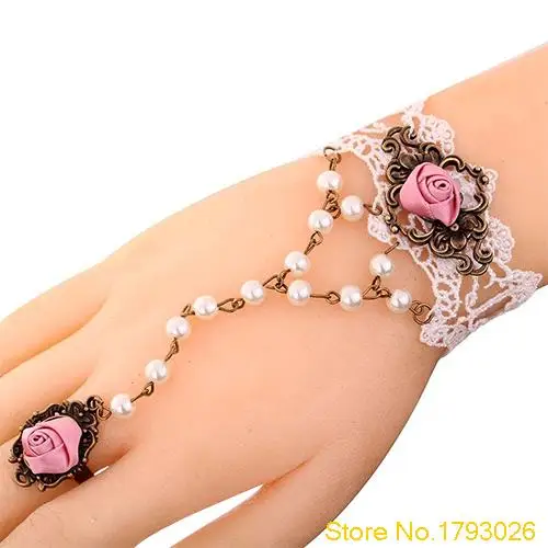 Модные украшения белый Кружево розовый цветок браслет с искусственным жемчугом