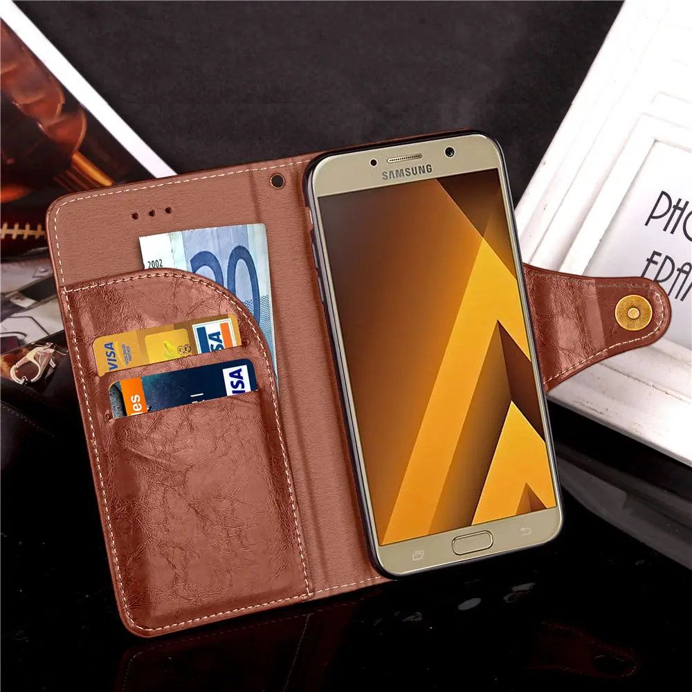 A720 чехол для Samsung Galaxy A7() Бизнес масло воск кожаный флип-чехол с подставкой и отделением для карт бумажник черный чехол SM A720F A7