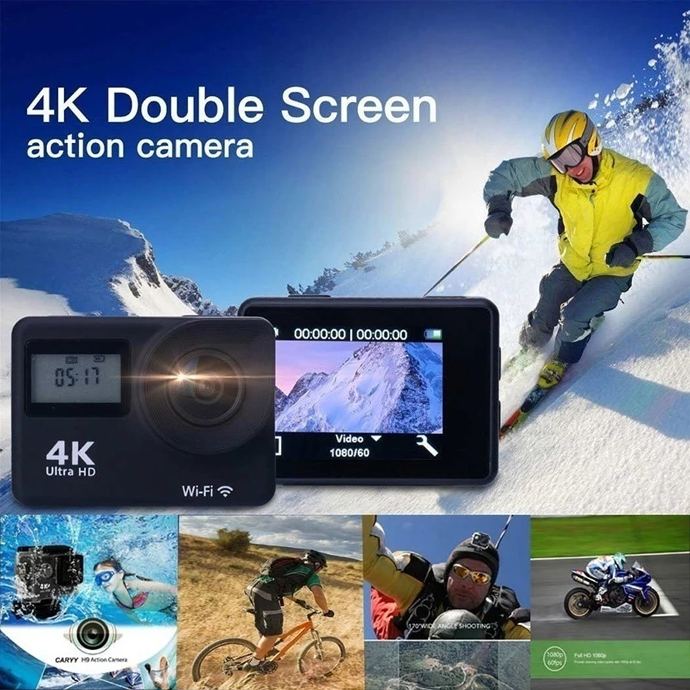 4K сенсорный экран WiFi Экшн-камера с двойным экраном Ultra HD 30M Водонепроницаемая Спортивная видеокамера DV с широкоугольным объективом 170 градусов