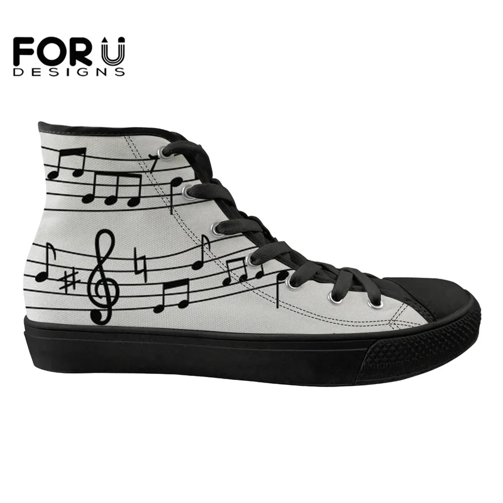 

FORUDESIGNS Ladies Flats Vulcanize Shoes Music Notes Pattern High Top Casual Fashion Female Canvas Shoes Woman Sneakers Lace Up