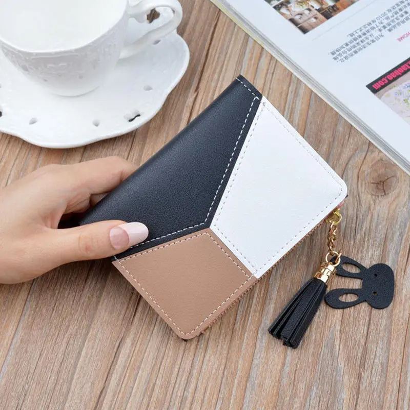 Модный кожаный женский корейский милый маленький кошелек для кредитных карт с замком, короткий кошелек для удостоверения личности - Цвет: Черный