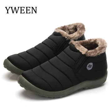 

YWEEN Solid Color Snow Boots Men Warm Waterproof Boots Slip-on Men's Winter Shoes Plus Size 35-48