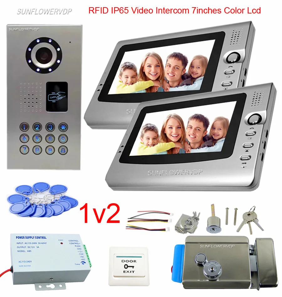 

Keypad Rifd Video Intercom 2 Monitors 7" Color Lcd Intercom Wired IP65 Wateproof Doorbell With Camera With Electronic Door Lock