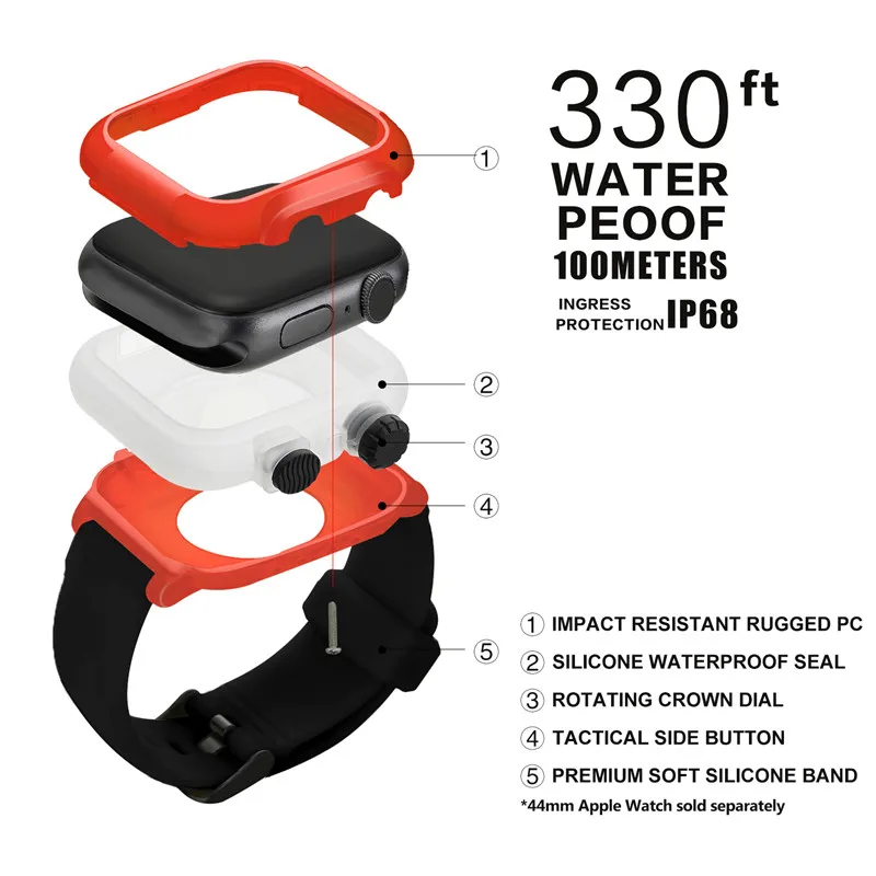 Силиконовые спортивные Ремешки для наручных часов для Apple Watch, версии 4/3/2/1 Водонепроницаемый чехол наручных ремешка для наручных часов Iwatch, Series44/42 мм для плавания Защитный чехол