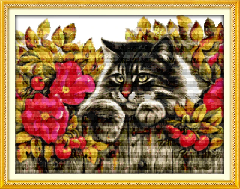 Кот в цветах, Счетный напечатанный на холсте DMC 14CT 11CT Набор для вышивки крестом Набор для вышивки, красочные животные домашний декор