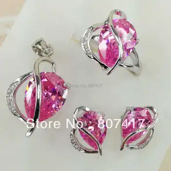 

SHUNXUNZE Wedding jewelry sets for women luxury (ring/earring/pendant) Pink Cubic Zirconia Rhodium Plated R870set size 6 7 8 9