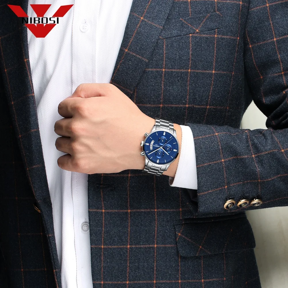 NIBOSI Luxury Watch Men WristWatch Sport Waterproof Clock Fashion Watch Relogio Masculino Silver Blue Quartz Wristwatches Saat