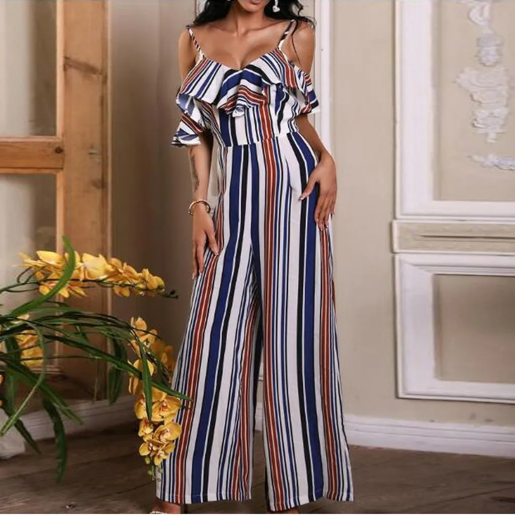 

Vintage Elegant Jumpsuit Women Casual Loose Sleeveless Sling Jumpsuit Office Ladies Stripe Ruffled Flounce Long Playsuit Mono