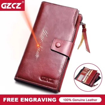 

GZCZ Women Wallet Genuine Leather Female Long Coin Purse Cell Phone Pocket Hasp Lady Zipper Walet Clamp For Money Female 2018