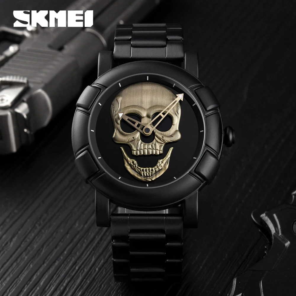 SKMEI Skull Watch Men Watches Luxury Brand Quartz Watch Sport Waterproof Stainless Steel Male Wristatch Reloj Militar Clock 9178