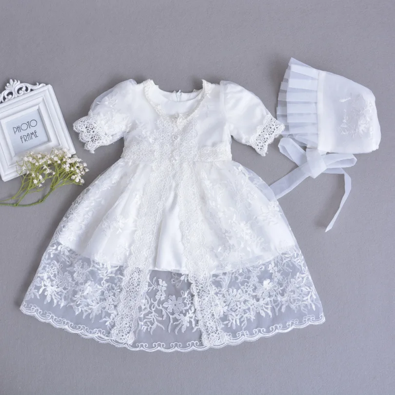  3pcs Set Baby Girls Christening Gown Ruffle White Dress+Lace Shawl+Hat Newborn Infant Princess Birt