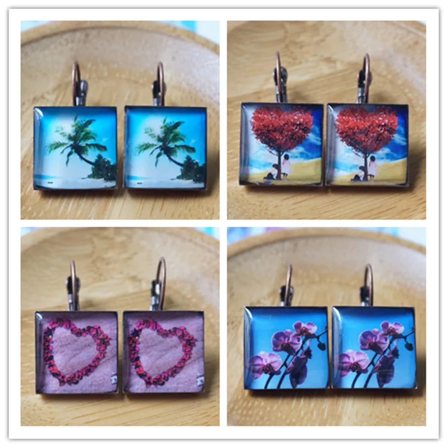 Epoxy resin Flower EARRINGS vintage Square Dangle Earrings red bronze Nature Crystal glue Drop 16x16 mm | Украшения и аксессуары