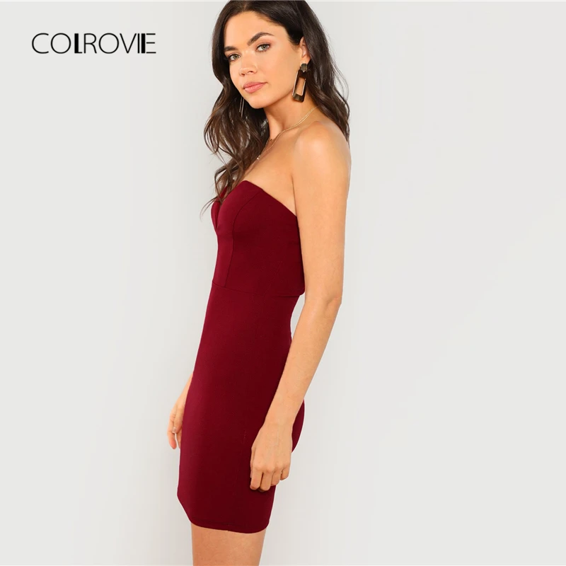 COLROVIE красный с v-образным вырезом, без бретелек Вечерние Платье Для женщин осеннее облегающее сексуальное платье Винтаж элегантное вечернее Мини-платья