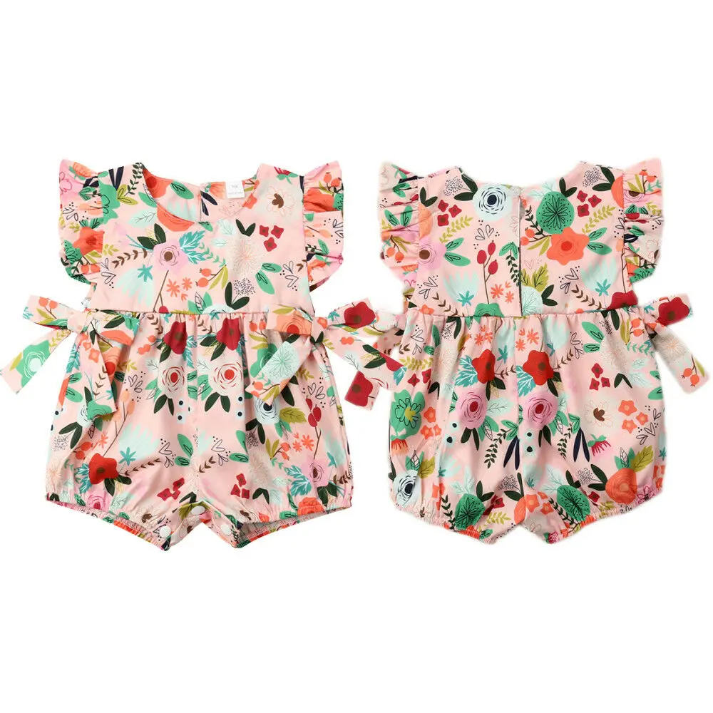 Newborn Infant Baby Girls Colorful Flower Bodysuits Ruffles Sleeveless