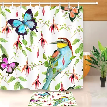 

LB Exotic Bird And Bright Butterfly White Shower Curtains Tropical Flower Bathroom Curtain Fabric Polyester for Bathtub Decor