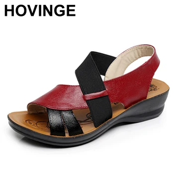 

HOVINGE Summer New Woman Soft bottom middle-aged Sandals Fashion comfortable mother sandals leather large size women's shoes 40