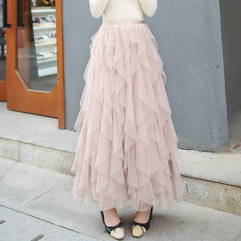 

Fashion Irregular Tulle Skirt Women Long Maxi Skirt 2019 Spring Summer Korean High Waist Pleated Skirt Female