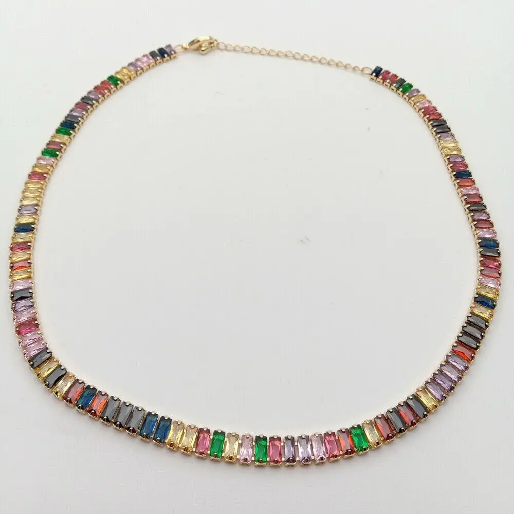 

Yellow golden Plated Multi Color Rectangle Cubic Zircon adjust chain Necklace