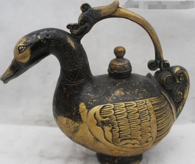 

wholesale factory 8"China Chinese Folk Bronze Lucky duck animal kettle water jug Statue