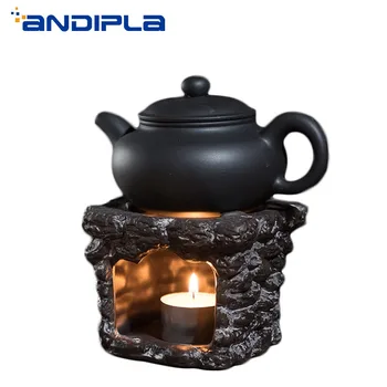 

Japanese Style Black Zen Ceramic Coarse Pottery Tea Stove Glass Flower Teapot Heating Base Coffee Milk Warmer Tea Candle Holder