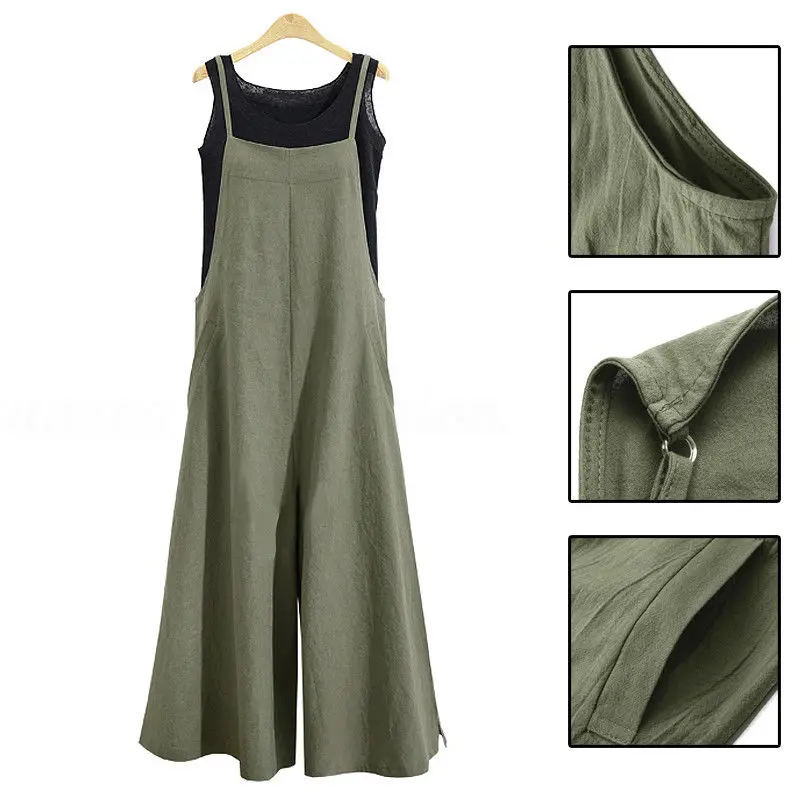 2018 New Summer Women Casual Solid Strap Wide Leg Pants Pockets Romper Dungaree Bib Overalls Loose Cotton Linen Jumpsuits Casual