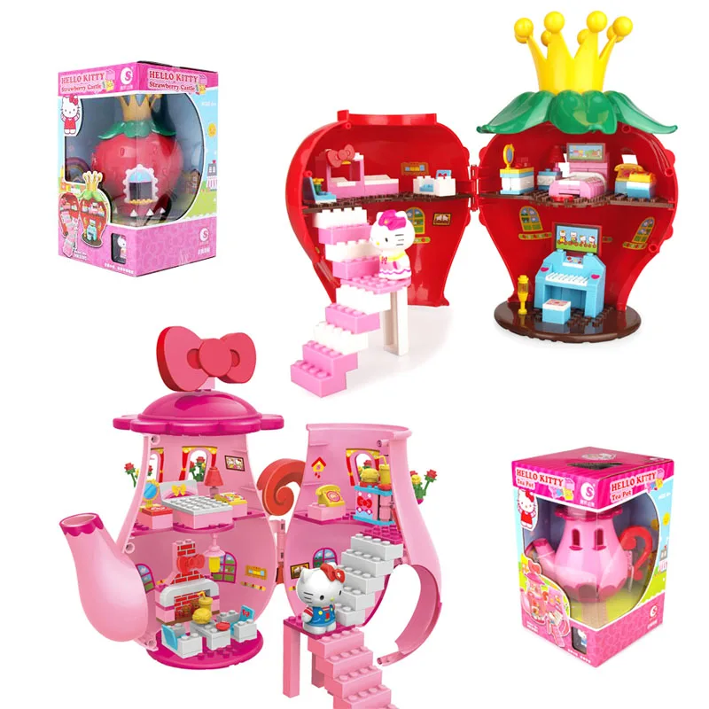 

Hello Kitty Blocks Building Blocks Set Pink Teapot Strawberry Castle The Kitty Wonder Town Bricks Figure Girl Blocks Toys HKS001