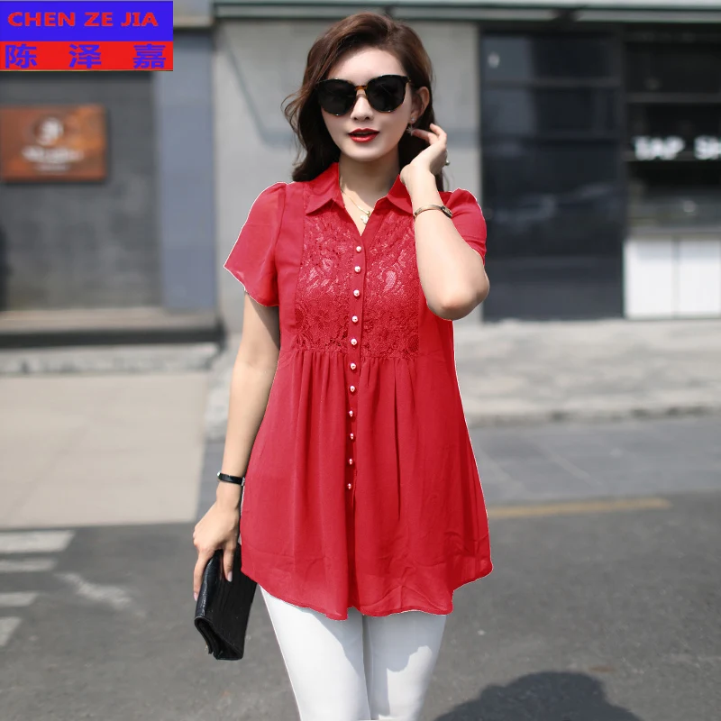 

New fashion Extra Large Code Chiffon Lace Spliced Short Sleeves Casual Women Shirts high qulity plus size XL2XL3XL4XL5XL