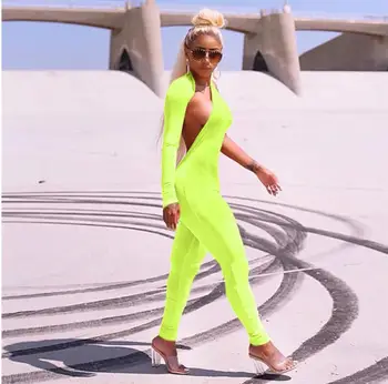

Fluorescent Green One Shoulder Sexy Jumpsuit for Women Autumn Long Sleeve Backless Skinny Playsuit Casual Overalls