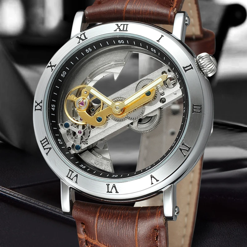

FORSINING Brand Mens Round Dial Wristwatches Skeleton Leather Strap Automatic Mechanical Watch with Gift Box