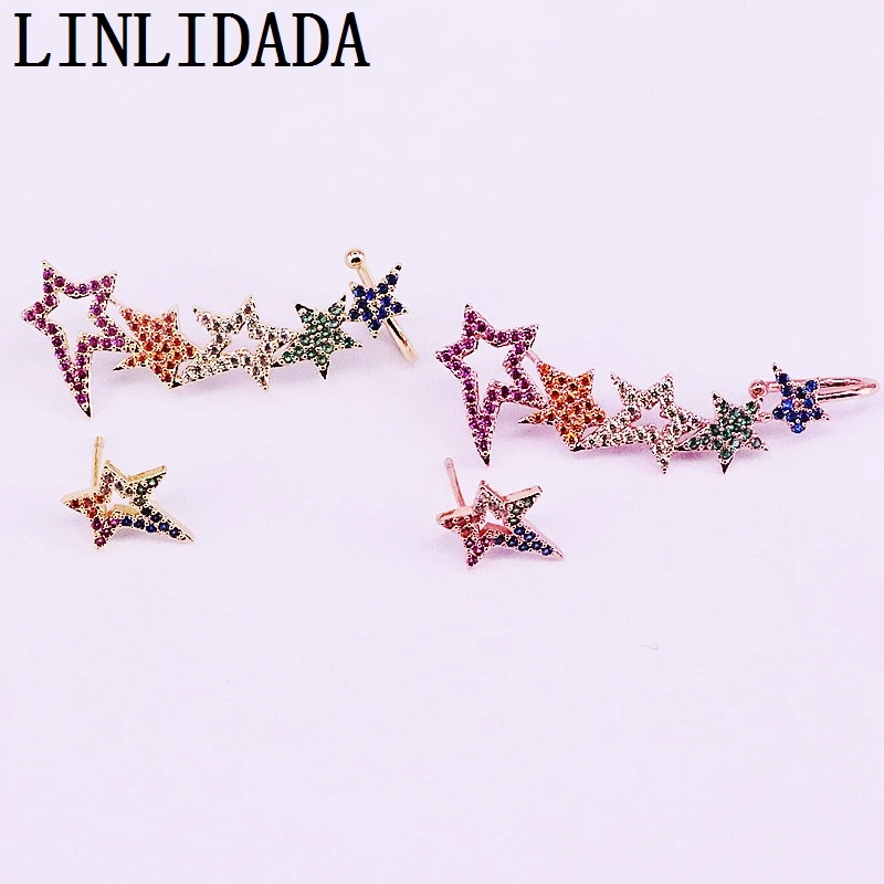 4 пары золото/серебро/розовое золото/черный многоцветный CZ цирконий micro pave star очаровательные гвоздики серьги для женщин