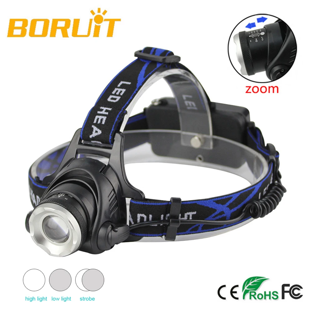 cheap Boruit LED Zoomable Headlamp 2500LM XM L T6 3 Modes Headlight Head Torch Bright Light Dim Light Flashing Mode 18650 battery