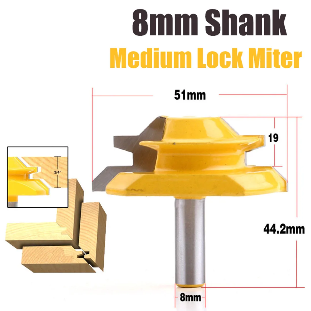 

1Pcs 8mm Shank 45 Degree Medium Lock Miter Router Bit 3/4" Stock Milling Tool 44mm