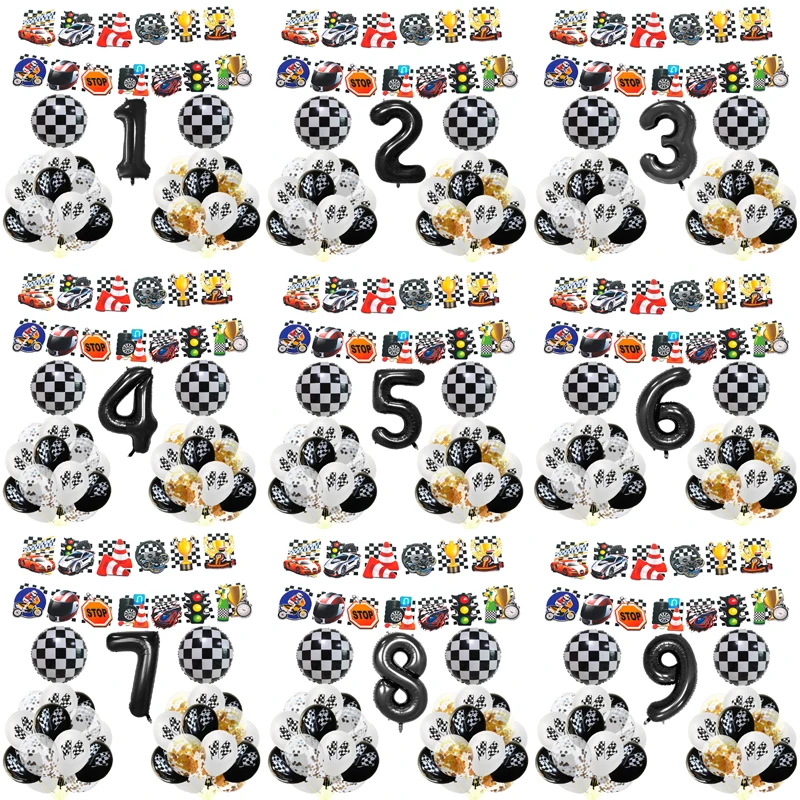 

1Set Racing Flag Cars Foil Balloons Happy Birthday Banners Checkered White Black Car Race Line Birthday Party Decoration Ballons