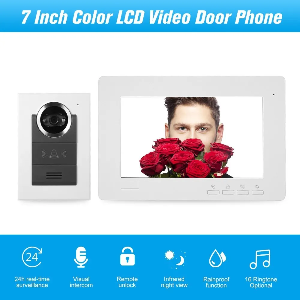 

Wired Video Doorbell 7inch Indoor Monitor with IR-CUT Rainproof Outdoor Camera Remote Unlock Intercom System Home Security Kit