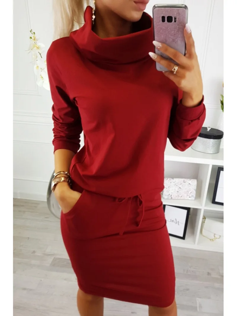 

4 Colors 2018 Fall and Winter Fashion Round Collar Long Sleeve Belt Pocket Women Dress
