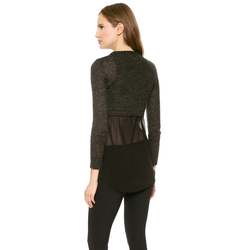 HYH HAOYIHUI 2018Autumn  Fashion sexy Solid Black Chiffon Contrast Women Sweater Female O-Neck Patchwork Casual Pullovers lady 