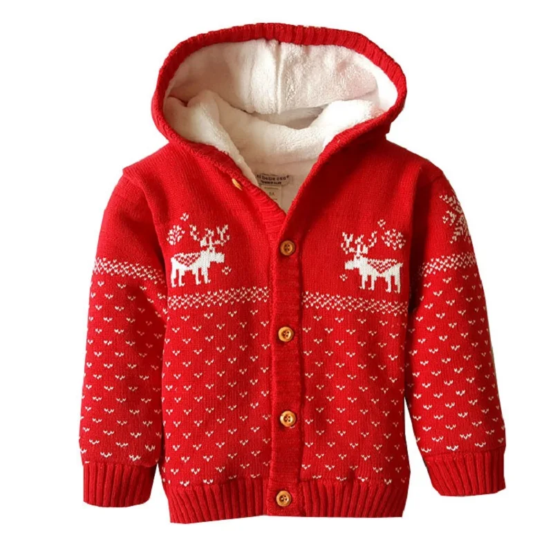 

Autumn winter child Christmas elk Cotton thread Knitted coat Boy and girl hooded plus velvet children's sweater warm coat