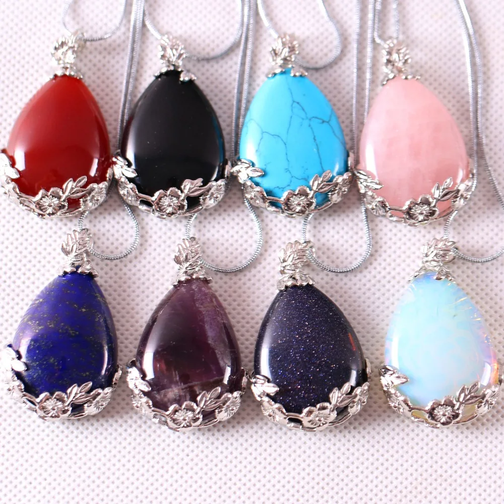 

27x36MM Water Drop Bead Natural Stone Tigereye Carnelian Crystal Opal Howlite Lapis Lazuli Pendant 1Pcs With Chain 18inches