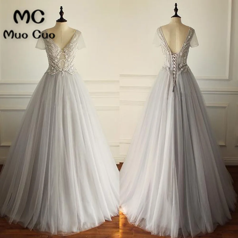 

2018 Charming Wedding Dresses Lace Up Back Tulle Short Sleeves V-Neck Wedding Dress A-Line Gown With Beaded Bridal Gown