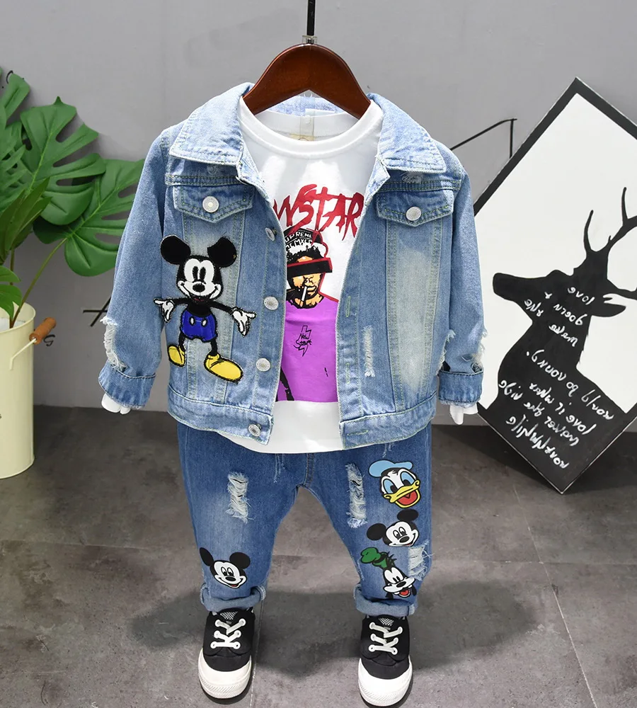 

spring Autumn new kids 3pcs sport suits fashion baby boys Cartoon denim coat + T-shirts + Jeans 3pcs suit Children clothing