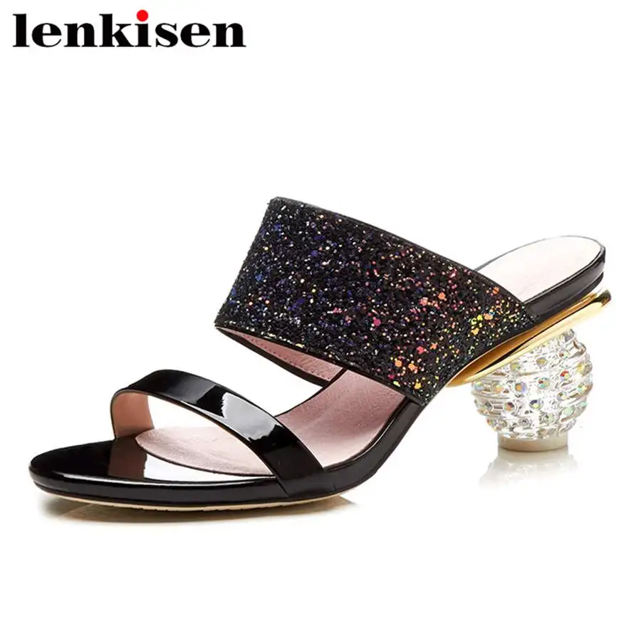 

Lenkisen bling office lady peep toe plus size cow leather solid mules high crystal heels banquet good quality women sandals L53