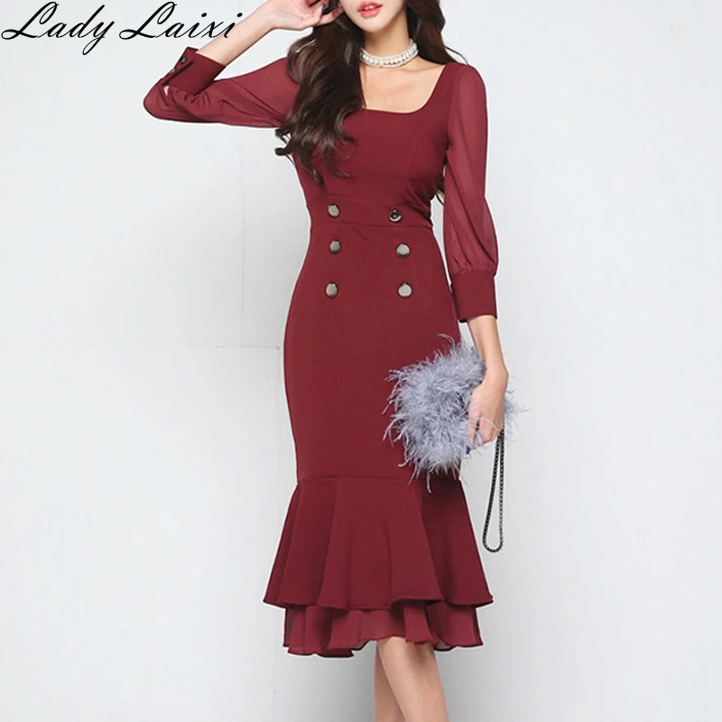 

2019 Spring Double-breasted Square Collar Bodycon Ruffles Mermaid Dress Women Mid-calf Dresses OL Office Wear work Vestidos