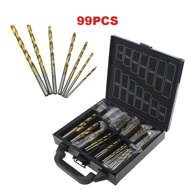

99pcs/set 1.5-10mm HSS High Speed Twist Drill Bit Set Plating Titanium Hand Electric Drill Bit with Iron Box HHDZ174