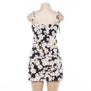 

New Summer Sexy Women Daisy Print Bandage Low Cut Spaghetti Strap Bodycon Mini Dress