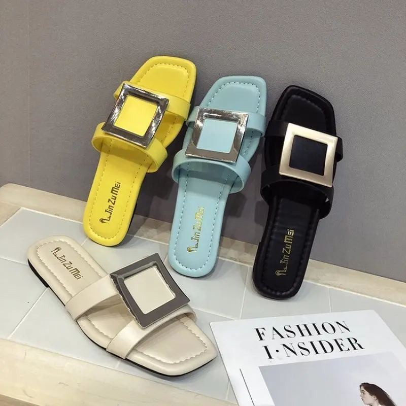 

Summer Slides flat Slippers Metal decoration Beach Slippers Platform Slip on Sandals Women Shoes Flip Flops Zapatillas Mujer