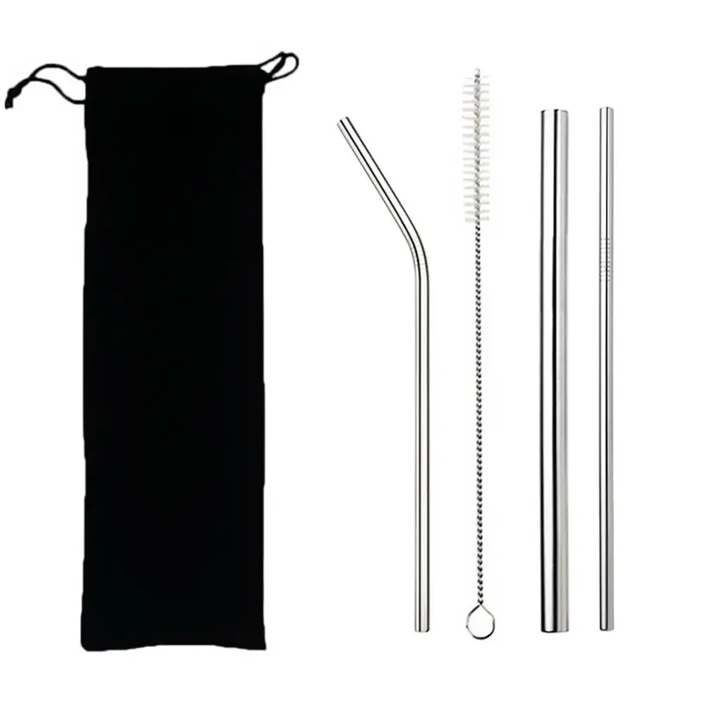 

5pcs Eco Friendly Reusable Straw 304 Stainless Steel Straw Metal Smoothies Drinking Straws Set with Brush & Bag